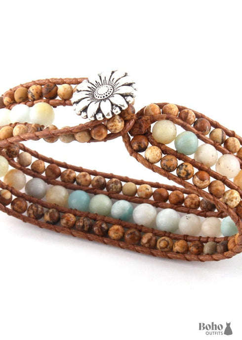 Pulsera Boho, Pulsera de Cuero RH, Loto de Amazonita Azul