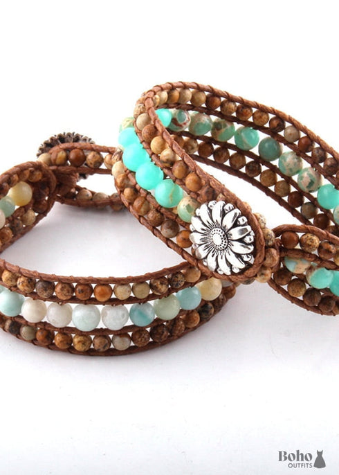 Pulsera Boho, Pulsera de Cuero RH, Loto de Amazonita Azul