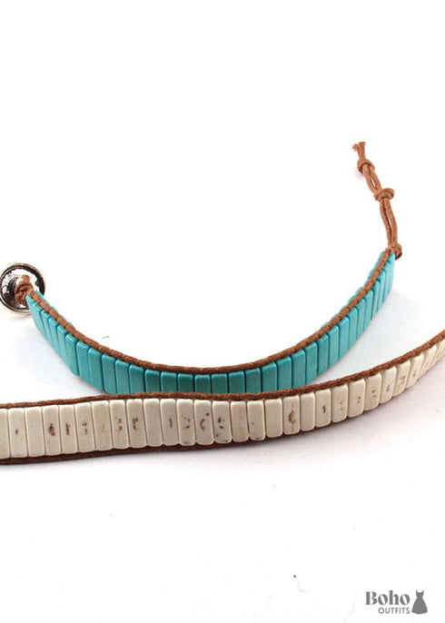 Boho Bracelet, RH Leather Wrap Bracelet, Blue White and Pink