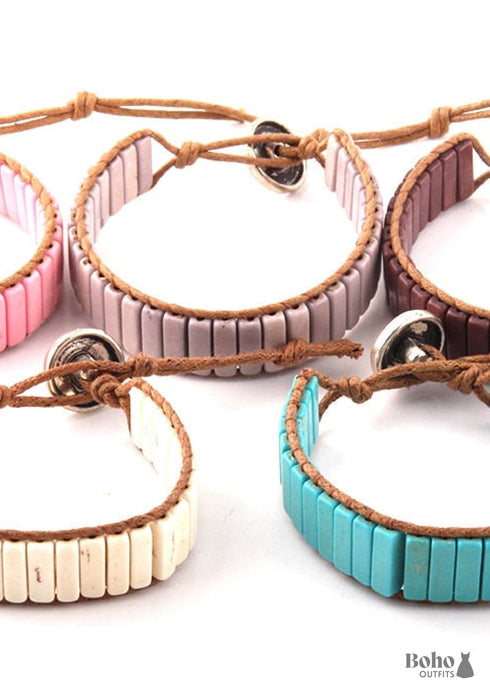 Boho Bracelet, RH Leather Wrap Bracelet, Blue White and Pink