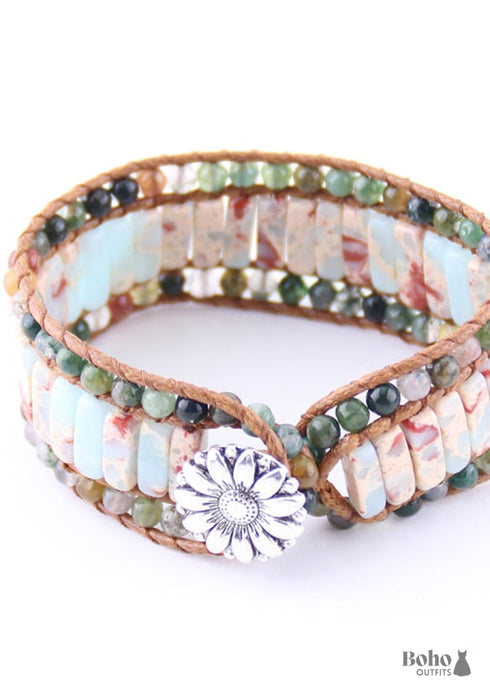 Pulsera Boho, Pulsera de Cuero RH, Loto Azul Rosa
