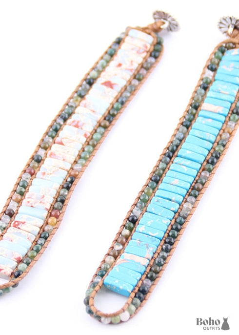 Pulsera Boho, Pulsera de Cuero RH, Loto Azul Rosa