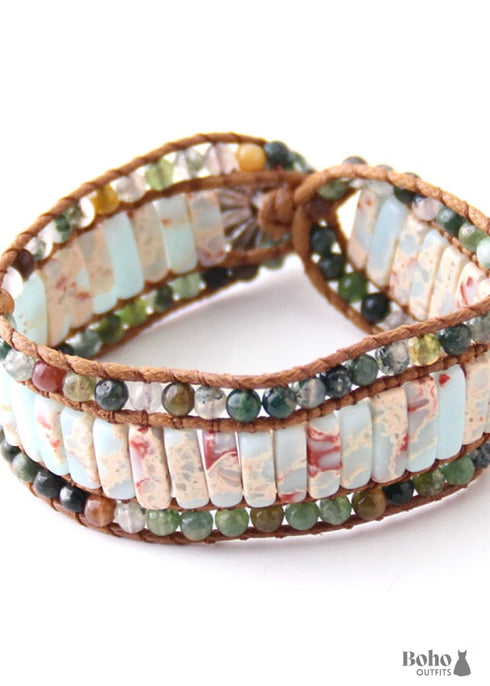 Pulsera Boho, Pulsera de Cuero RH, Loto Azul Rosa