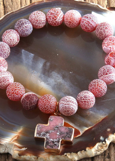Pulsera Boho, Piedras Naturales RH Cruz Rosa
