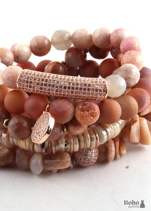 Pulsera Boho, Conjunto de Pulsera RH, Bola de Circonita Cúbica, Bola de Piedras Naturales