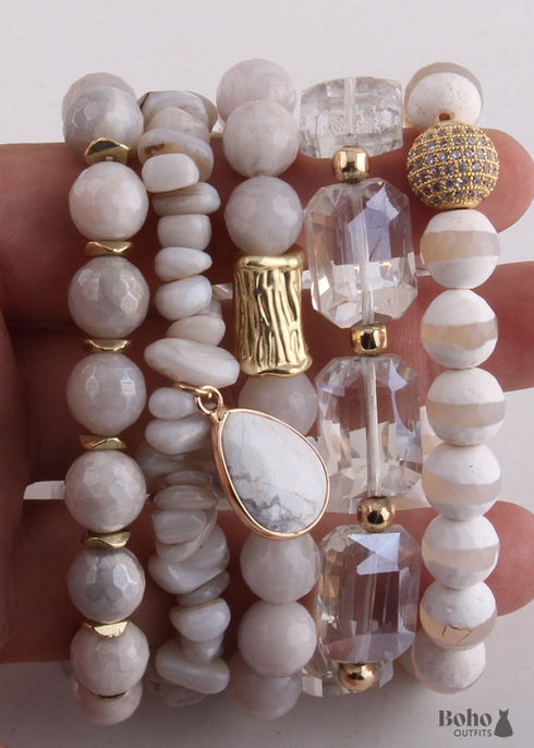 Pulsera Boho, Conjunto de Pulsera RH, Bola de Circonita Cúbica, Piedras Naturales, en Blanco y Negro