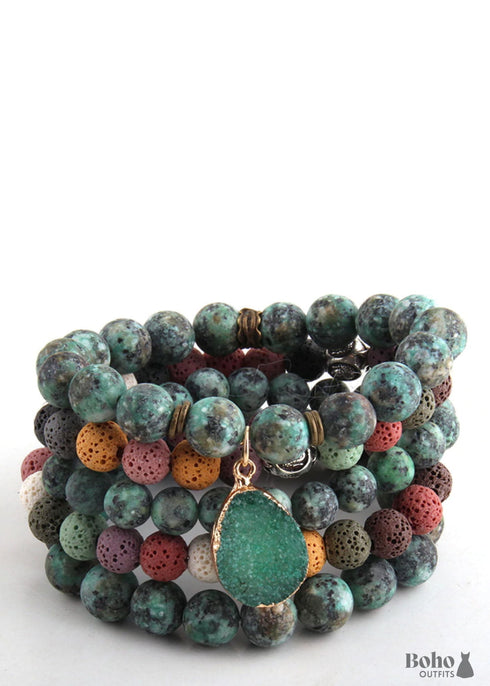 Pulsera Boho, Conjunto de Pulsera RH, Bola de Circonita Cúbica, Bola de Piedras Naturales en Blanco y Negro