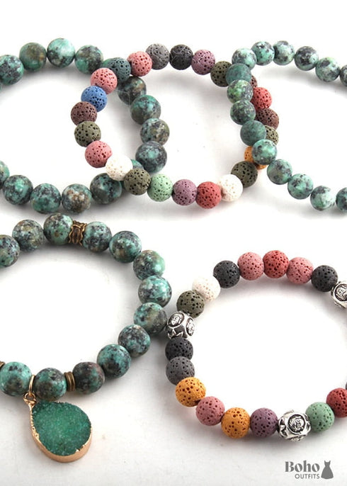 Pulsera Boho, Conjunto de Pulsera RH, Bola de Circonita Cúbica, Bola de Piedras Naturales en Blanco y Negro