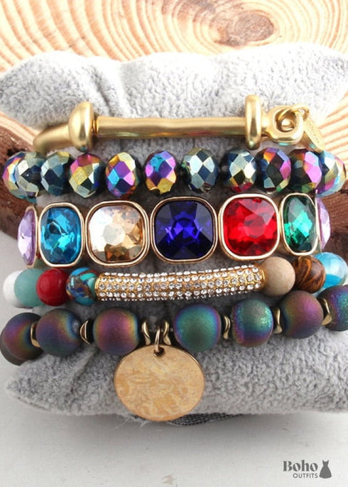 Pulsera Boho, Conjunto de Pulsera RH, Bola de Circonita Cúbica, Bola de Piedras Naturales en Blanco y Negro