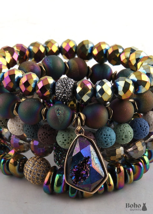 Pulsera Boho, Conjunto de Pulsera RH, Bola de Circonita Cúbica, Bola de Piedras Naturales
