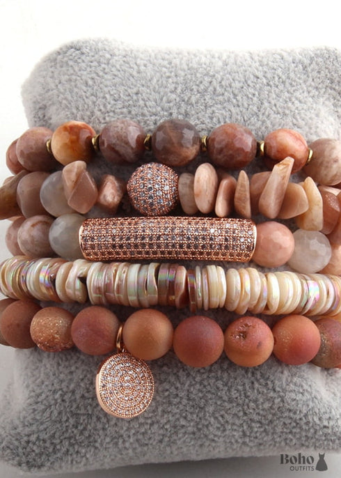 Pulsera Boho, Conjunto de Pulsera RH, Bola de Circonita Cúbica, Bola de Piedras Naturales