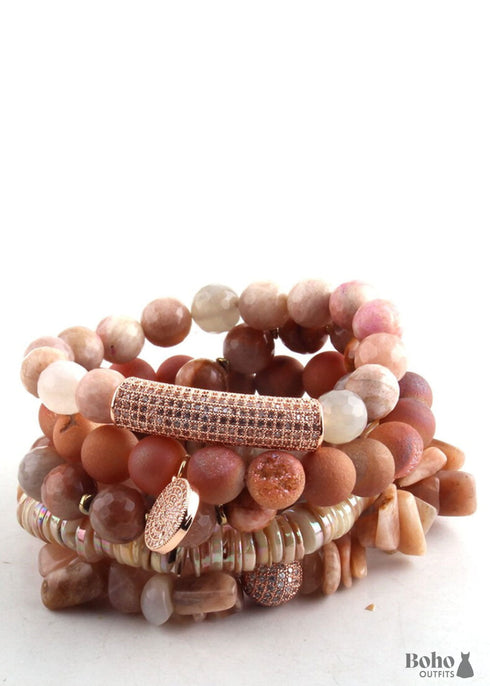 Pulsera Boho, Conjunto de Pulsera RH, Bola de Circonita Cúbica, Bola de Piedras Naturales