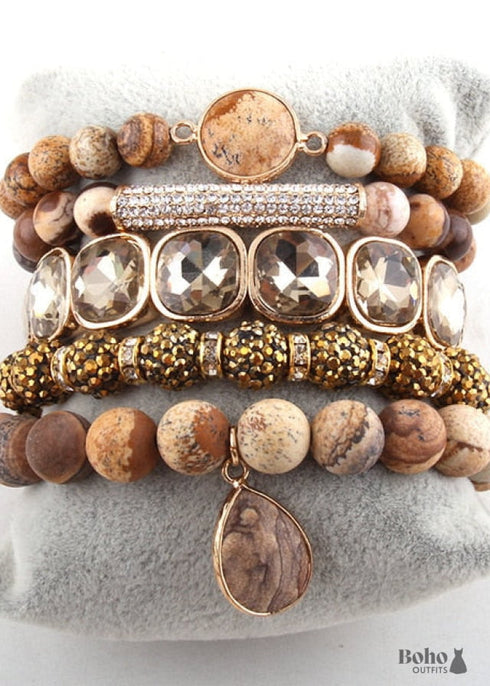 Pulsera Boho, Conjunto de Pulseras RH, Hoja de Diamante, Piedras Naturales en Verde, Rosa y Morado