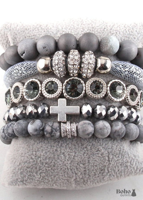 Pulsera Boho, Conjunto de Pulseras RH, Hoja de Diamante, Piedras Naturales en Verde, Rosa y Morado