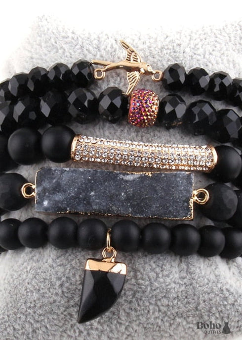 Pulsera Boho, Conjunto de Pulseras RH, Pájaro de la Libertad, Piedras Naturales en Verde, Rosa y Blanco