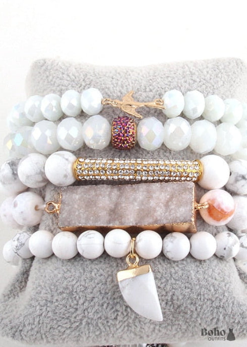 Pulsera Boho, Conjunto de Pulseras RH, Pájaro de la Libertad, Piedras Naturales en Verde, Rosa y Blanco