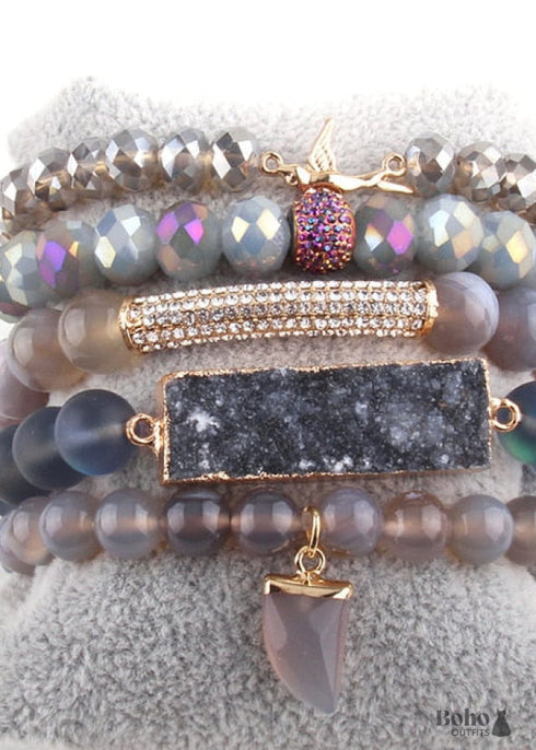 Pulsera Boho, Conjunto de Pulseras RH, Pájaro de la Libertad, Piedras Naturales en Verde, Rosa y Blanco