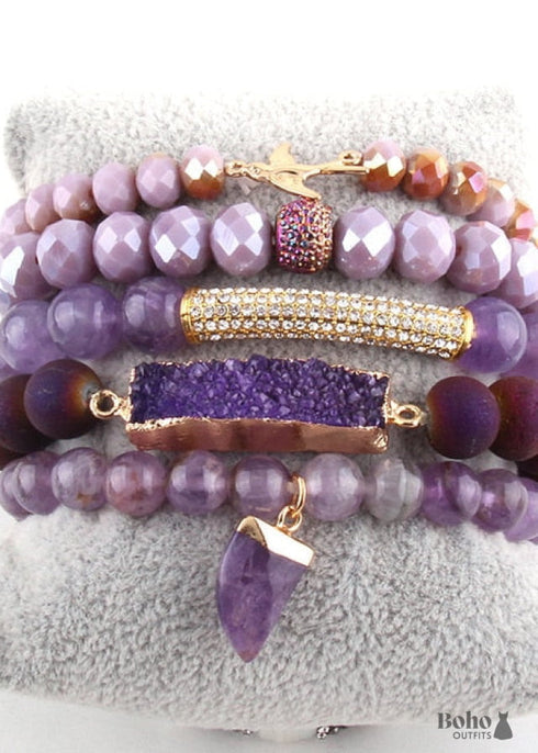 Pulsera Boho, Conjunto de Pulseras RH, Pájaro de la Libertad, Piedras Naturales en Verde, Rosa y Blanco