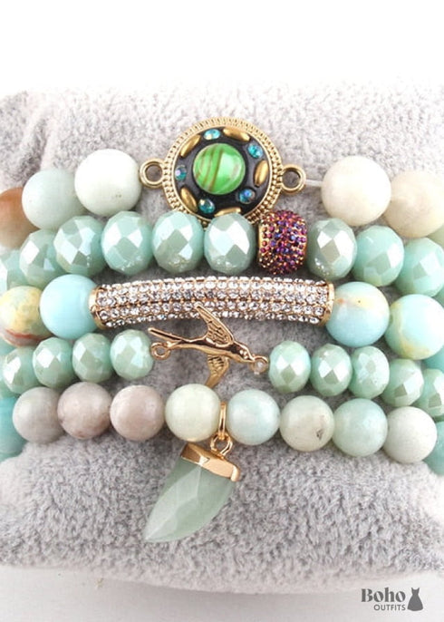 Pulsera Boho, Conjunto de Pulseras RH, Pájaro de la Libertad, Piedras Naturales en Verde, Rosa y Blanco