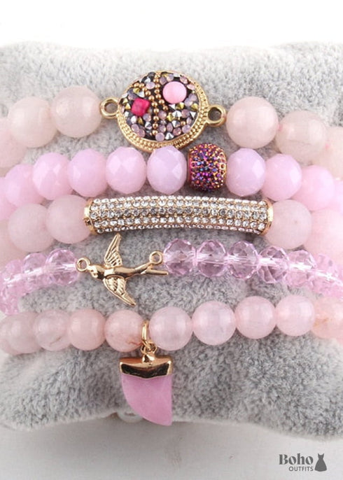 Pulsera Boho, Conjunto de Pulseras RH, Pájaro de la Libertad, Piedras Naturales en Verde, Rosa y Blanco