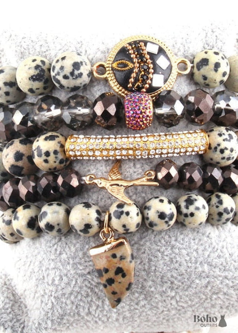 Pulsera Boho, Conjunto de Pulseras RH, Pájaro de la Libertad, Piedras Naturales en Verde, Rosa y Blanco