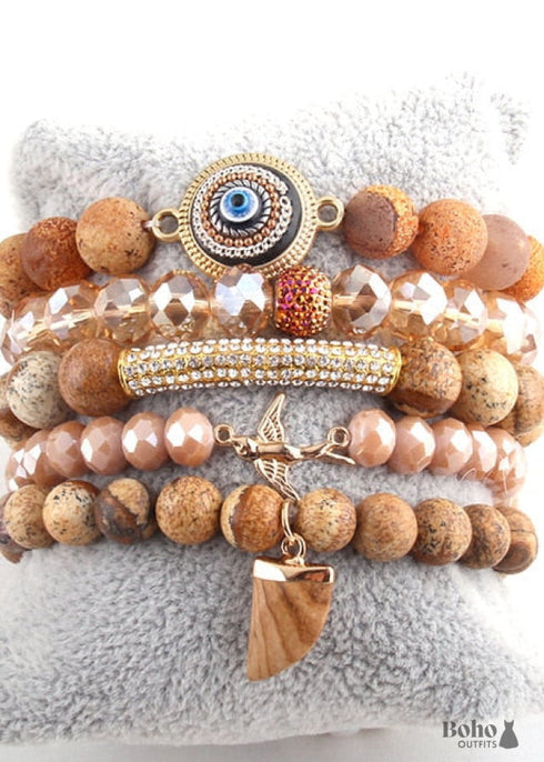 Pulsera Boho, Conjunto de Pulseras RH, Pájaro de la Libertad, Piedras Naturales en Verde, Rosa y Blanco