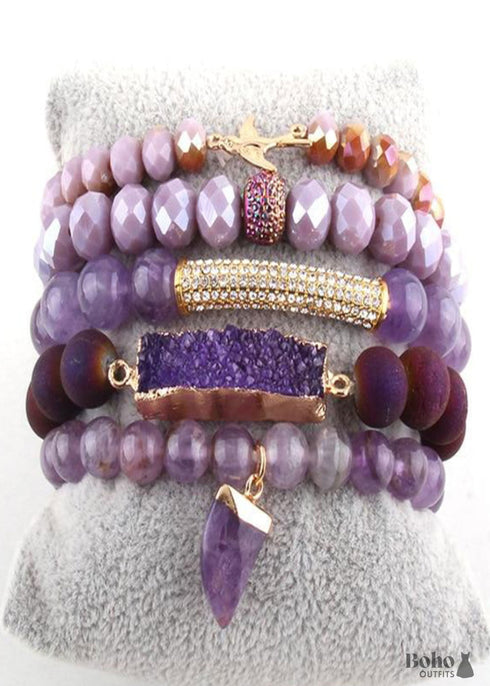 Pulsera Boho, Conjunto de Pulseras RH, Pájaro de la Libertad, Piedras Naturales en Verde, Rosa y Blanco