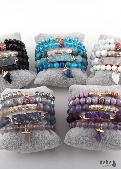 Pulsera Boho, Conjunto de Pulseras RH, Pájaro de la Libertad, Piedras Naturales en Verde, Rosa y Blanco