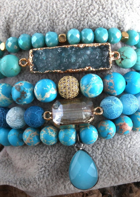 Pulsera Boho, Conjunto de Pulseras RH, Piedras Naturales, Azul, Verde, Morado