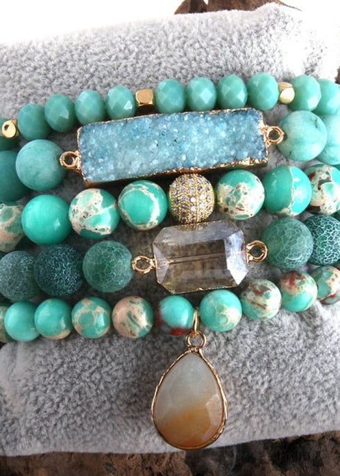 Pulsera Boho, Conjunto de Pulseras RH, Piedras Naturales, Azul, Verde, Morado