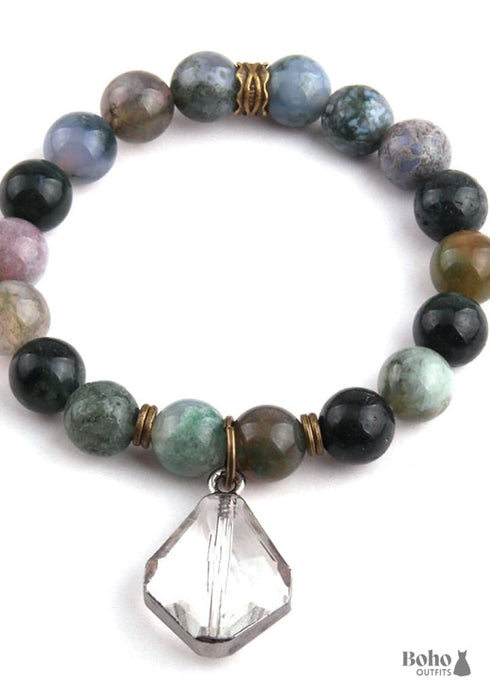 Pulsera Boho, Pulsera de Yoga RH, Piedra Natural con Cristal de Vidrio