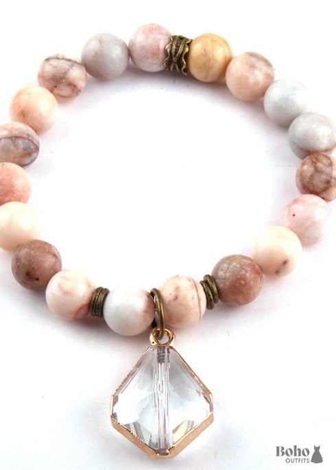 Pulsera Boho, Pulsera de Yoga RH, Piedra Natural con Cristal de Vidrio