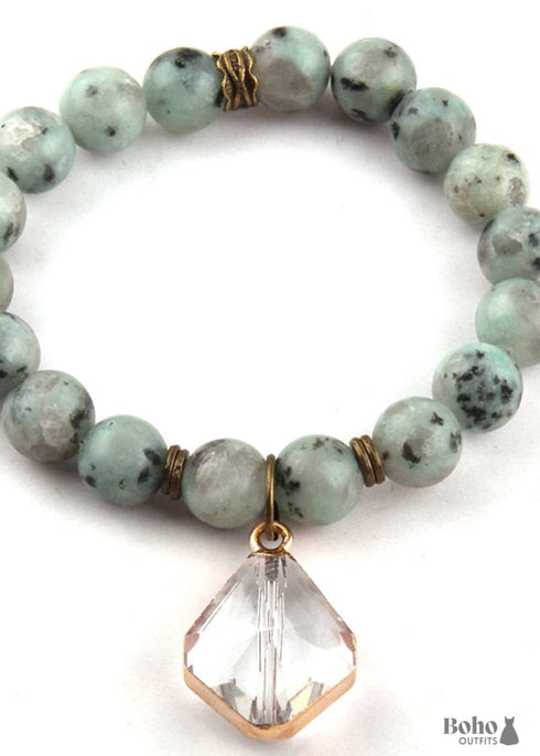 Pulsera Boho, Pulsera de Yoga RH, Piedra Natural con Cristal de Vidrio