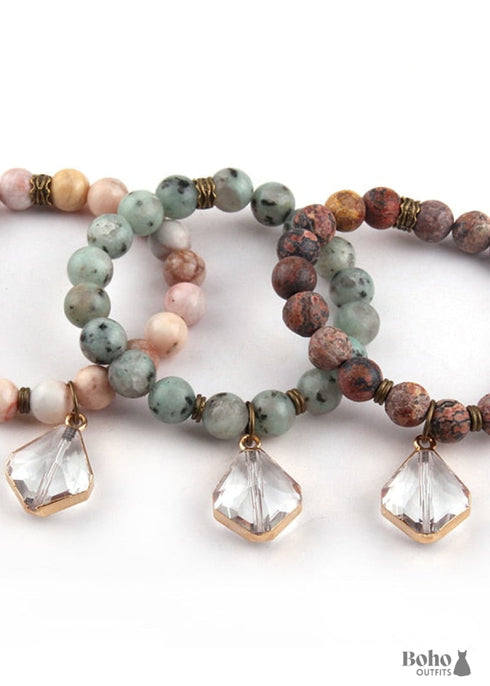 Pulsera Boho, Pulsera de Yoga RH, Piedra Natural con Cristal de Vidrio