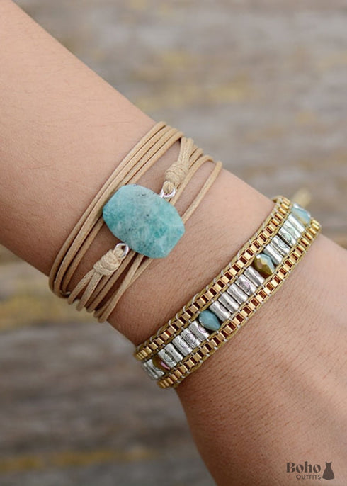 Pulsera Boho, Pulsera de Cuerda, Amazonita Azul