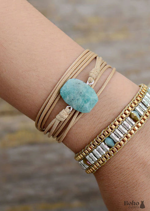 Pulsera Boho, Pulsera de Cuerda, Amazonita Azul