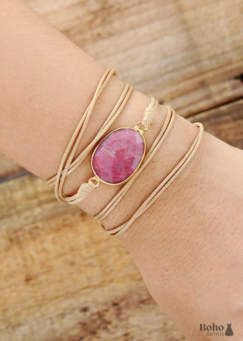 Pulsera Boho, Pulsera de Cuerda, Cuarzo Rosa