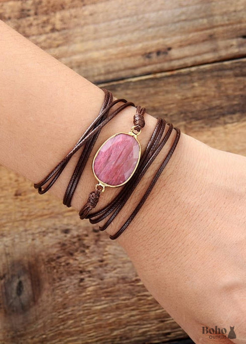 Pulsera Boho, Pulsera de Cuerda, Cuarzo Rosa