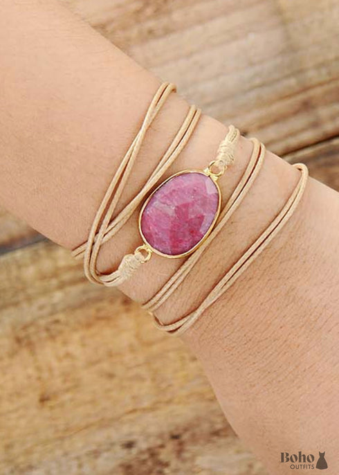 Pulsera Boho, Pulsera de Cuerda, Cuarzo Rosa