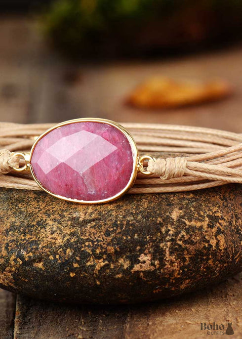 Pulsera Boho, Pulsera de Cuerda, Cuarzo Rosa