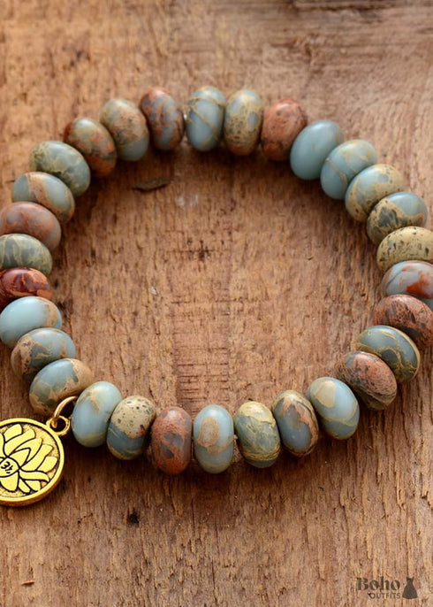 Pulsera Boho, Pulsera Elástica, Loto Imperial Japonesa Marrón de 10 mm