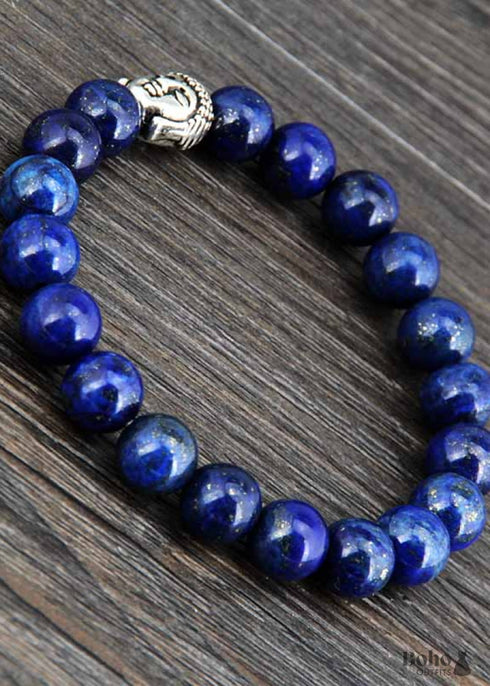Pulsera Boho, Pulsera Elástica, Buda Antiguo de Lapislázuli Azul de 8 mm