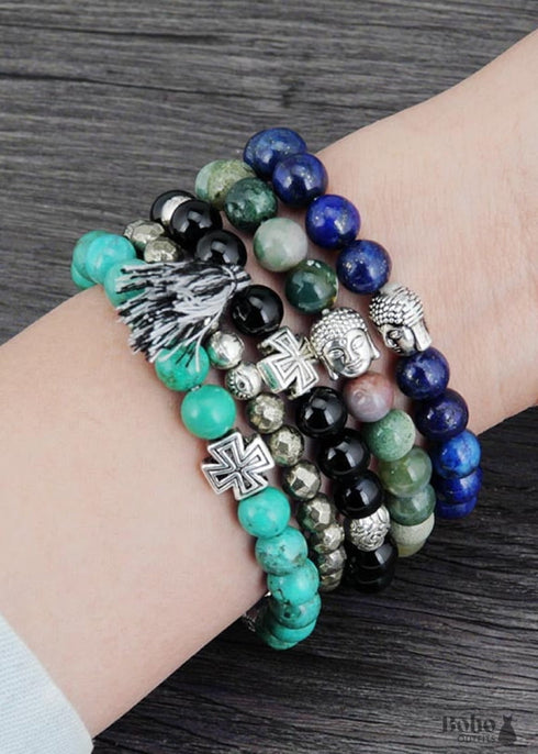 Pulsera Boho, Pulsera Elástica, Buda Antiguo de Lapislázuli Azul de 8 mm