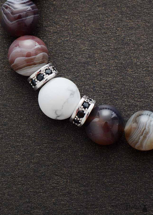 Pulsera Boho, Pulsera Elástica, Ónix Negro de Botsuana, Howlita