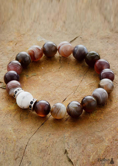 Pulsera Boho, Pulsera Elástica, Ónix Negro de Botsuana, Howlita