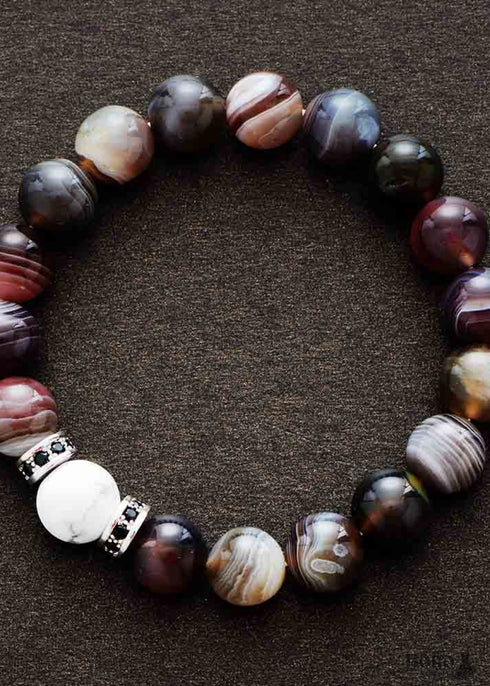 Pulsera Boho, Pulsera Elástica, Ónix Negro de Botsuana, Howlita