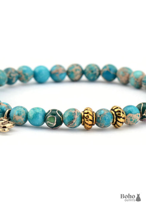 Pulsera Boho, Pulsera Elástica, Elefante Tibetano Azul y Marrón