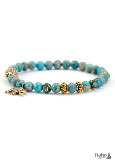 Pulsera Boho, Pulsera Elástica, Elefante Tibetano Azul y Marrón
