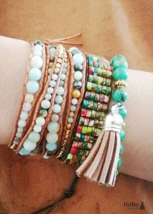 Pulsera Boho, Pulsera Elástica, Elefante Tibetano Azul y Marrón