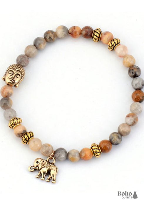 Pulsera Boho, Pulsera Elástica, Elefante Tibetano Azul y Marrón